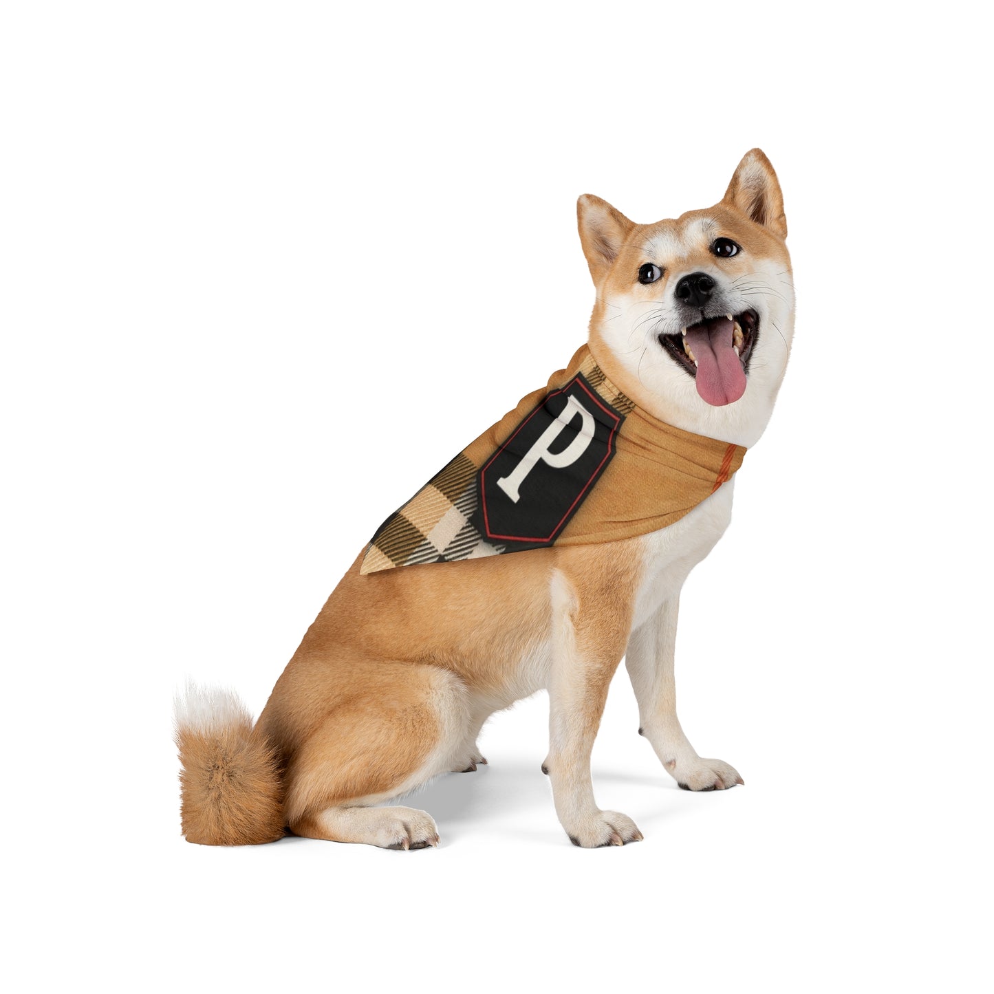 Plaid Monogram Pet Bandana — Classic Tan Check with RP Initials