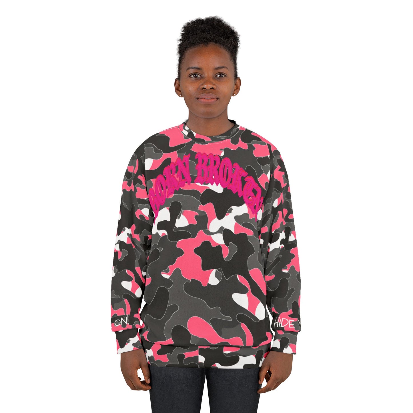 Pink Camo Balaclava Sweatshirt – "Hide Ya Face" Graphic Crewneck