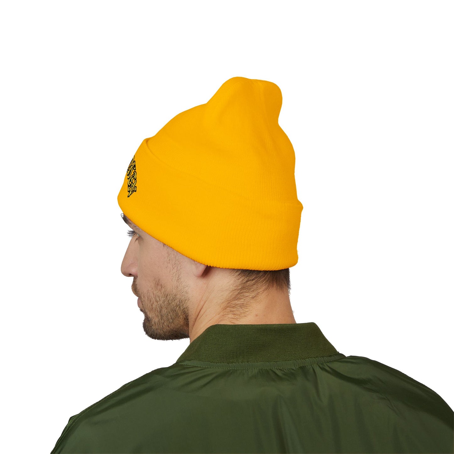 Embroidered "Rocky Biotchy" Classic Cuffed Beanie – Warm Yellow Knit Hat