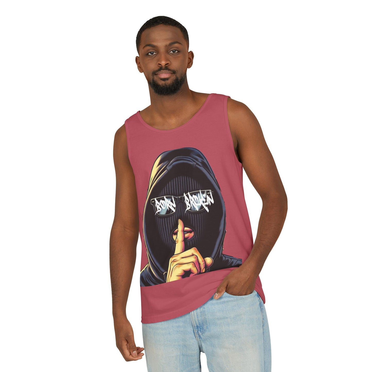 Tank Top — 'Born Broken' Hooded Mask Graphic Sleeveless Tee