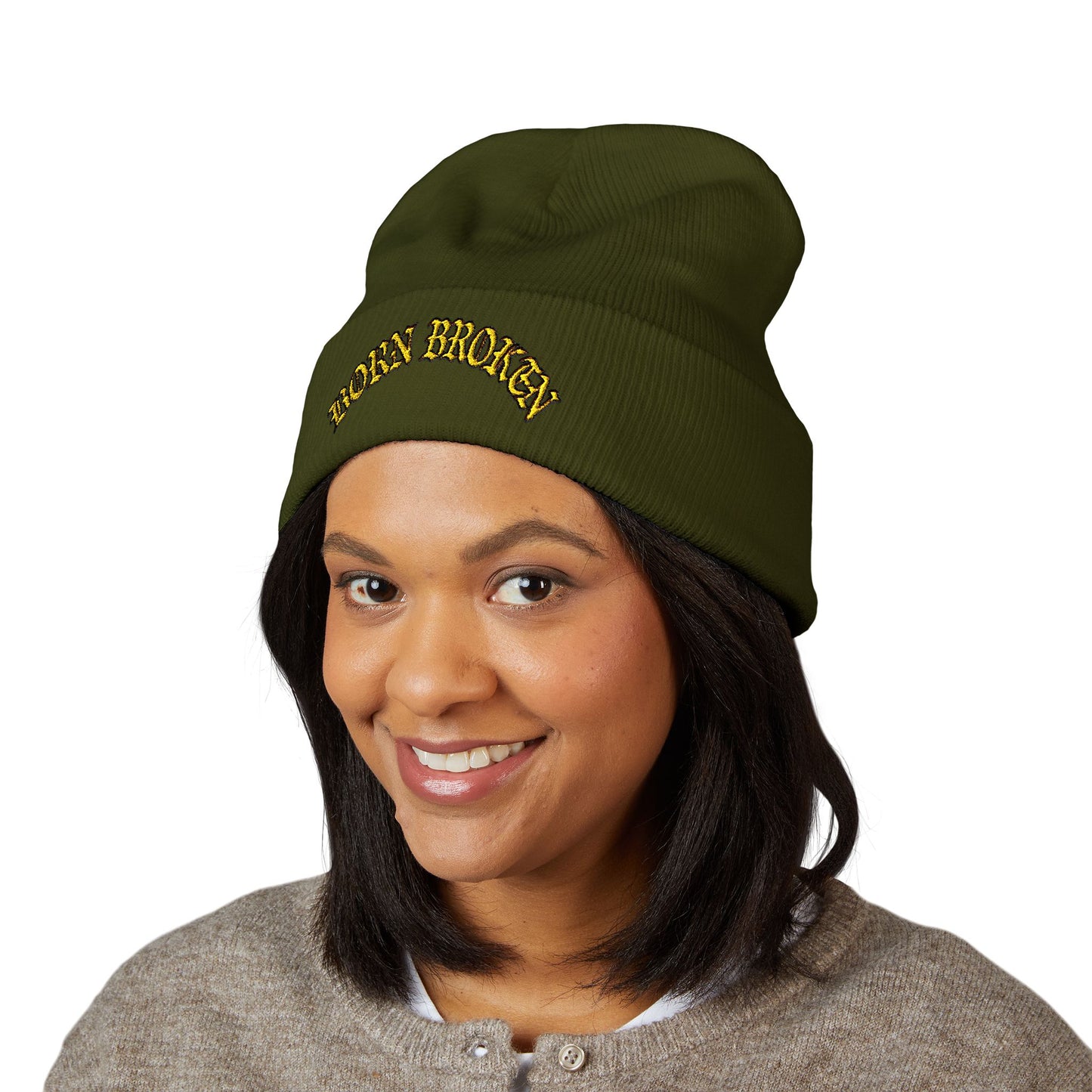Embroidered "Rocky Biotchy" Classic Cuffed Beanie – Warm Yellow Knit Hat