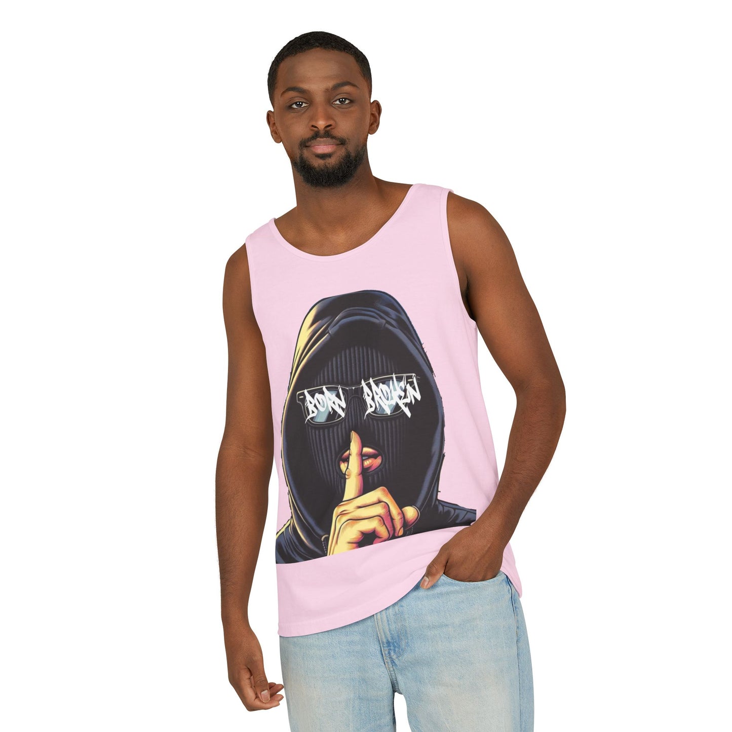 Tank Top — 'Born Broken' Hooded Mask Graphic Sleeveless Tee