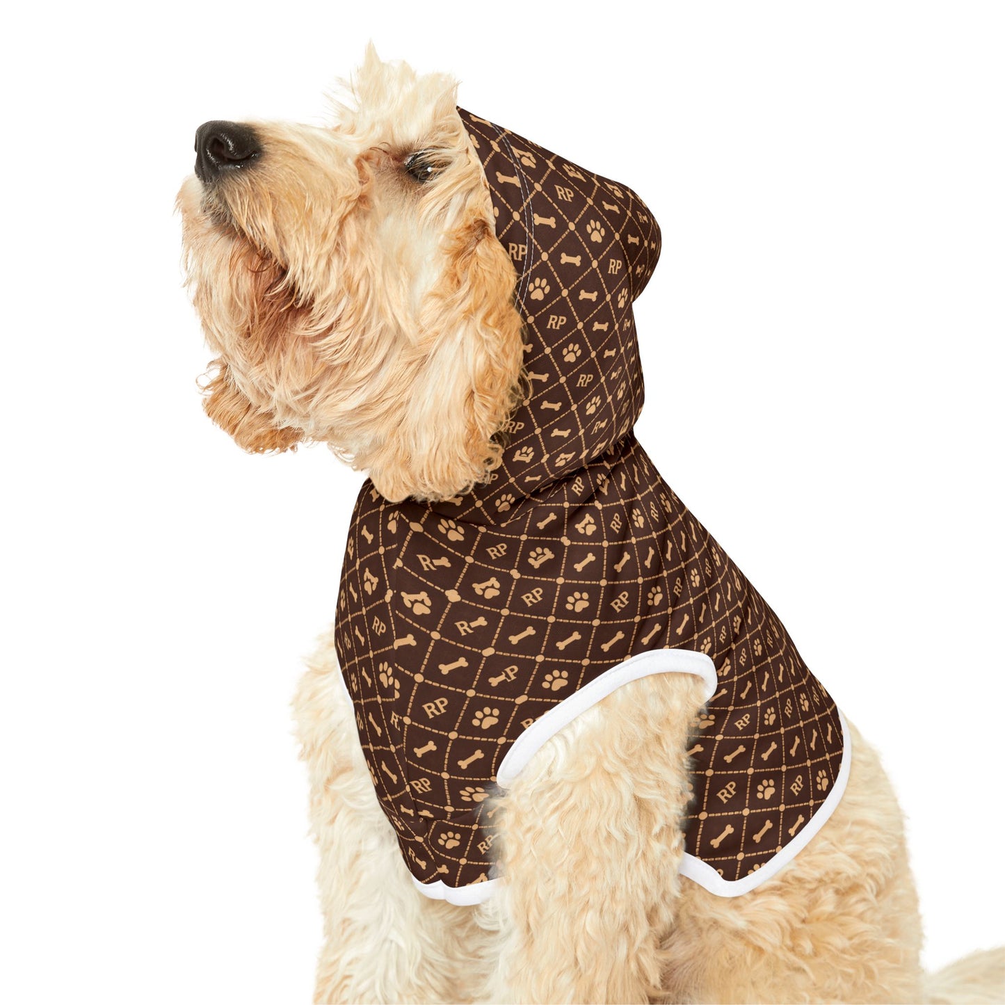Designer Brown Monogram Pet Hoodie - Luxury Pattern Dog & Cat Coat