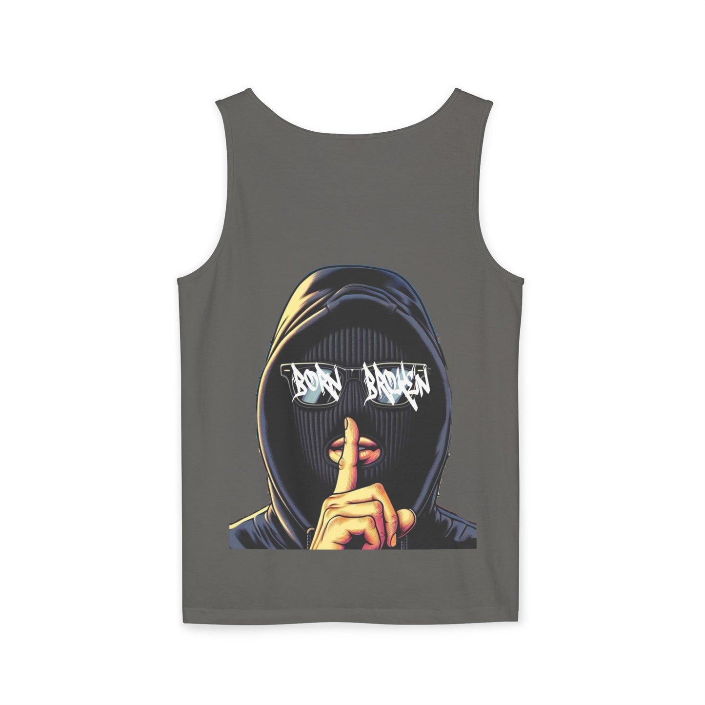 Tank Top — 'Born Broken' Hooded Mask Graphic Sleeveless Tee