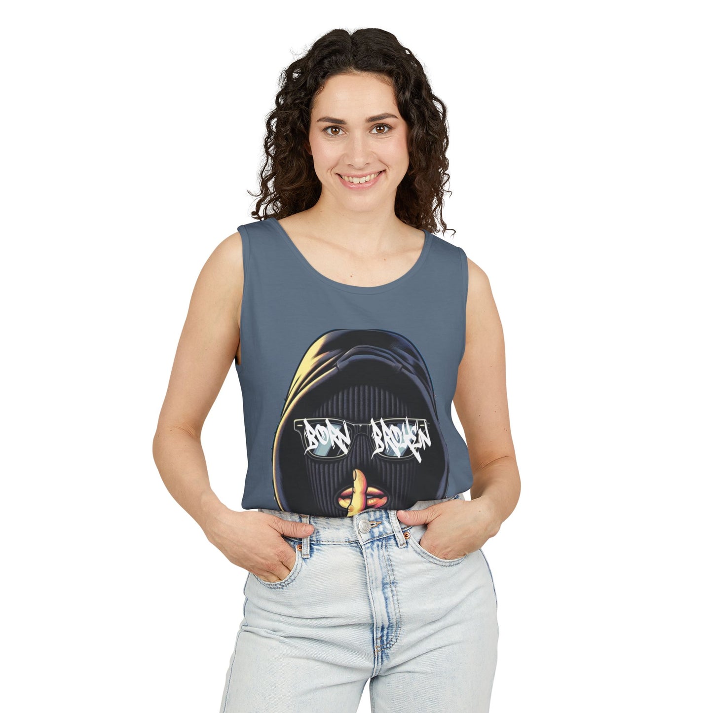 Tank Top — 'Born Broken' Hooded Mask Graphic Sleeveless Tee