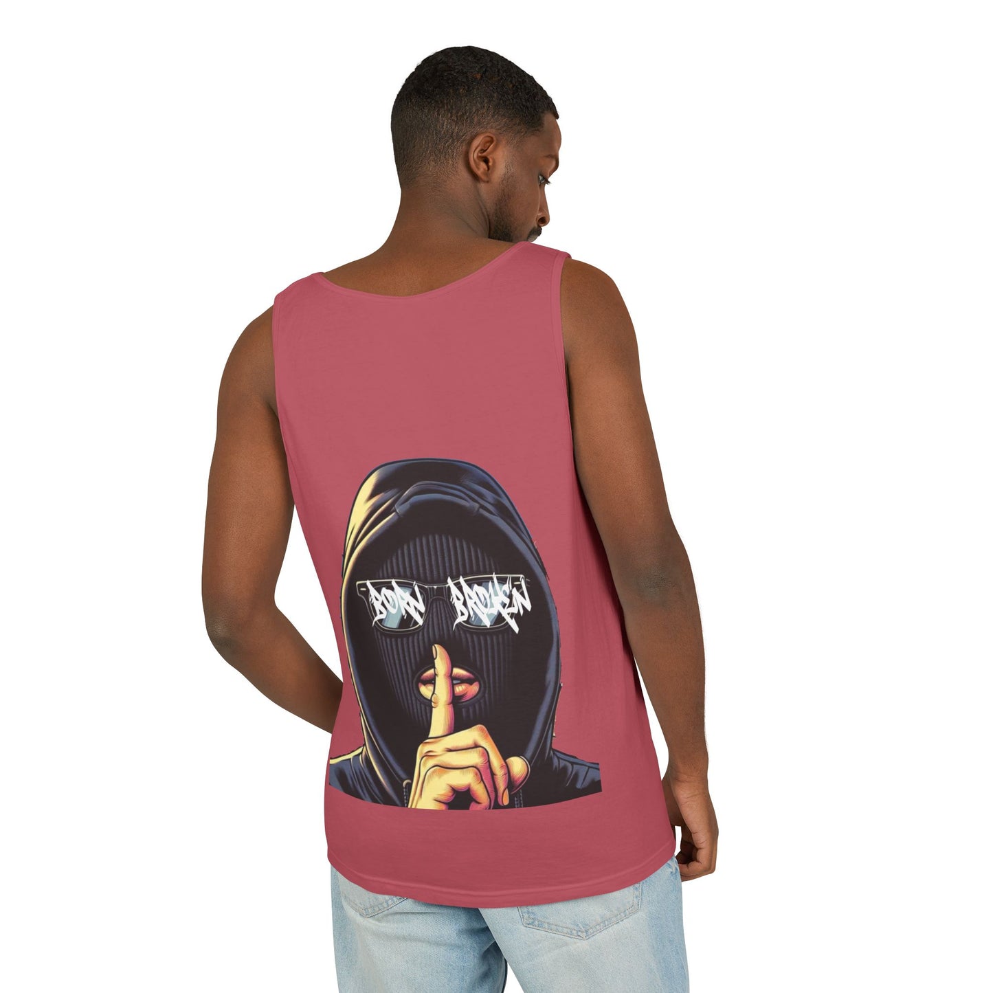 Tank Top — 'Born Broken' Hooded Mask Graphic Sleeveless Tee