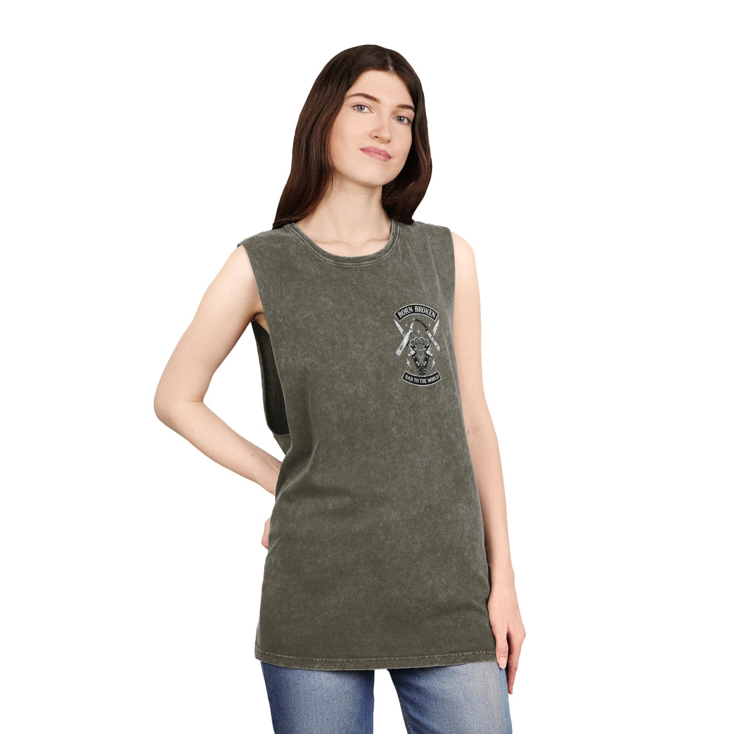 Born Broken Stonewash Tank Top — Bad to the World Graphic Muscle Tee