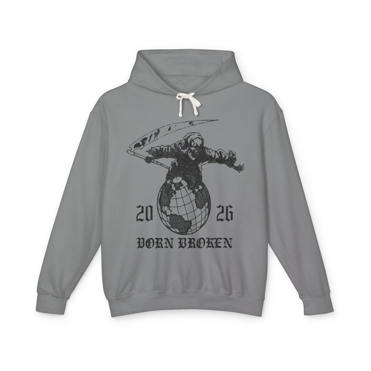2026 Born Broken Globe Hoodie — Vintage Grim Reaper World Graphic