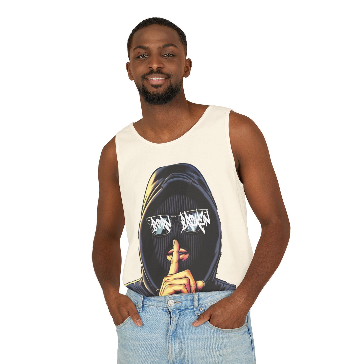 Tank Top — 'Born Broken' Hooded Mask Graphic Sleeveless Tee