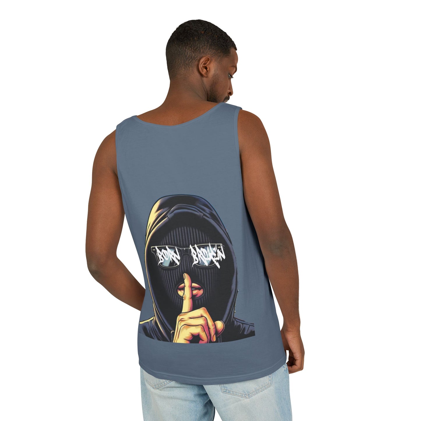 Tank Top — 'Born Broken' Hooded Mask Graphic Sleeveless Tee