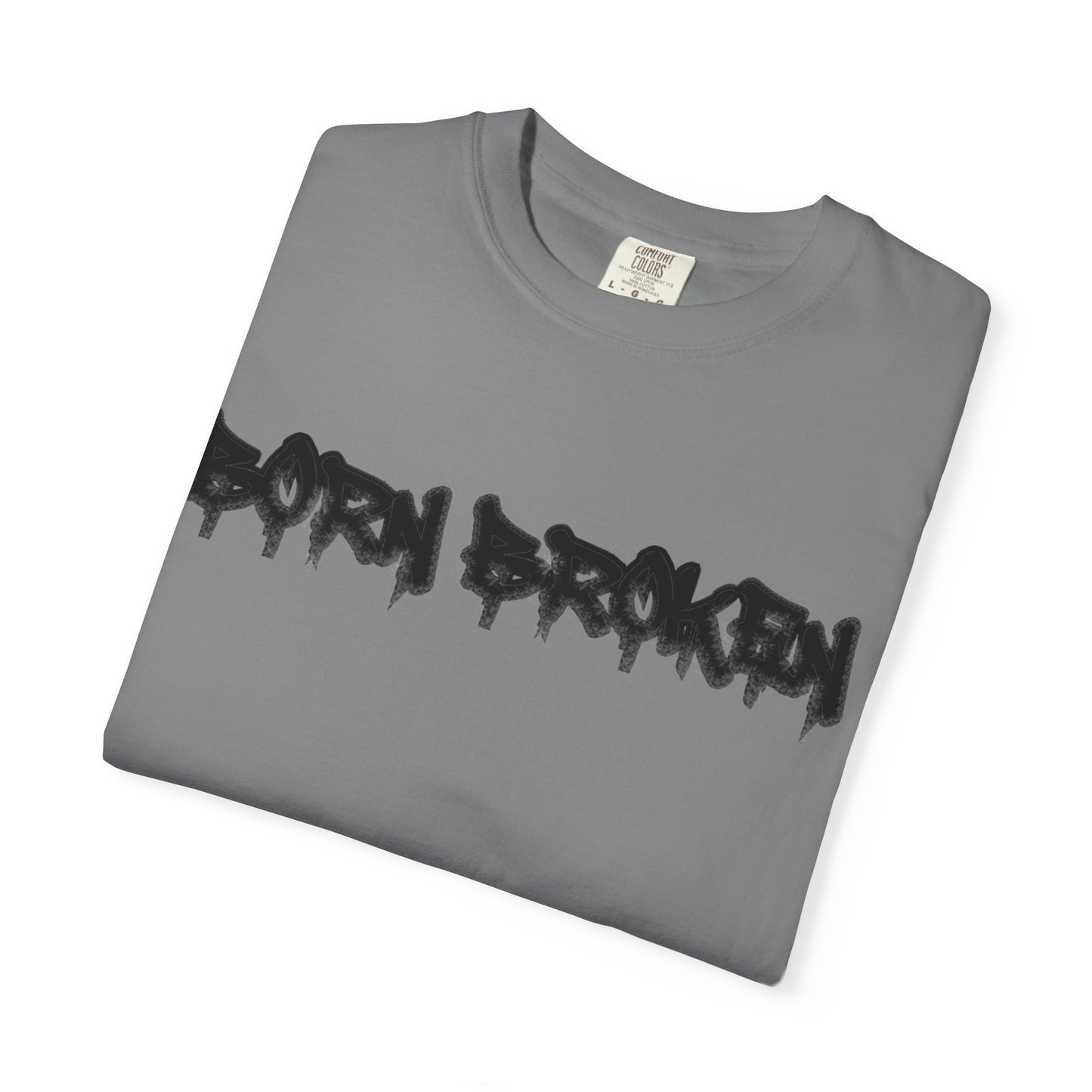 T-Shirt — 'Born Broken' Graphic Tee with Balaclava Back Quote