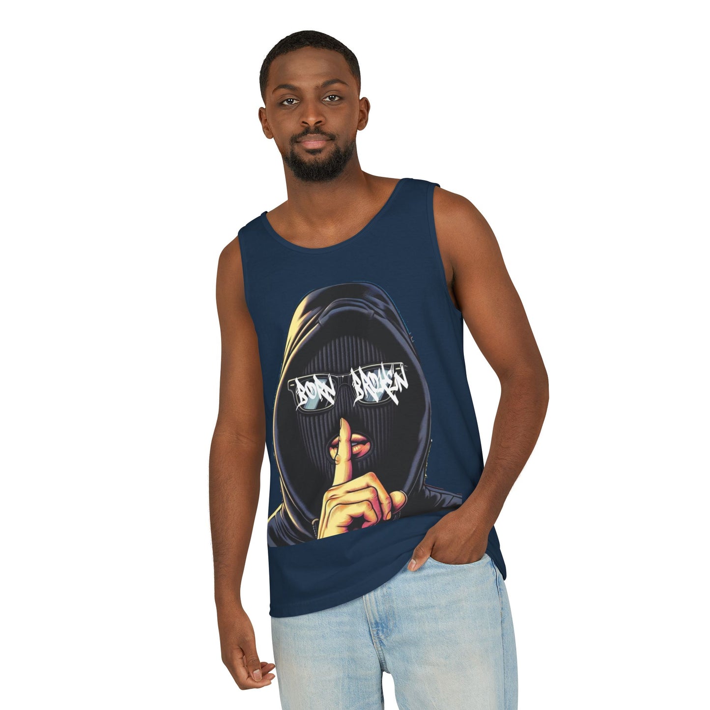 Tank Top — 'Born Broken' Hooded Mask Graphic Sleeveless Tee