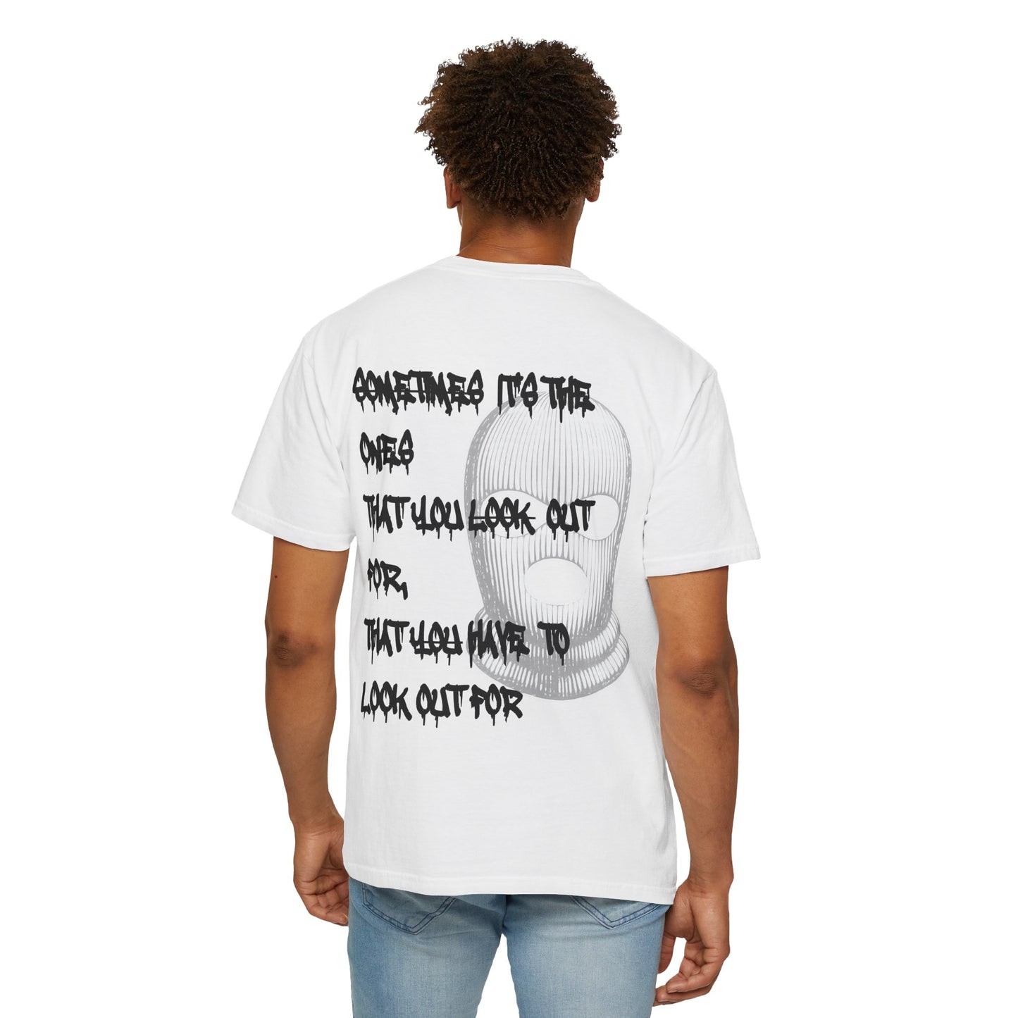 T-Shirt — 'Born Broken' Graphic Tee with Balaclava Back Quote