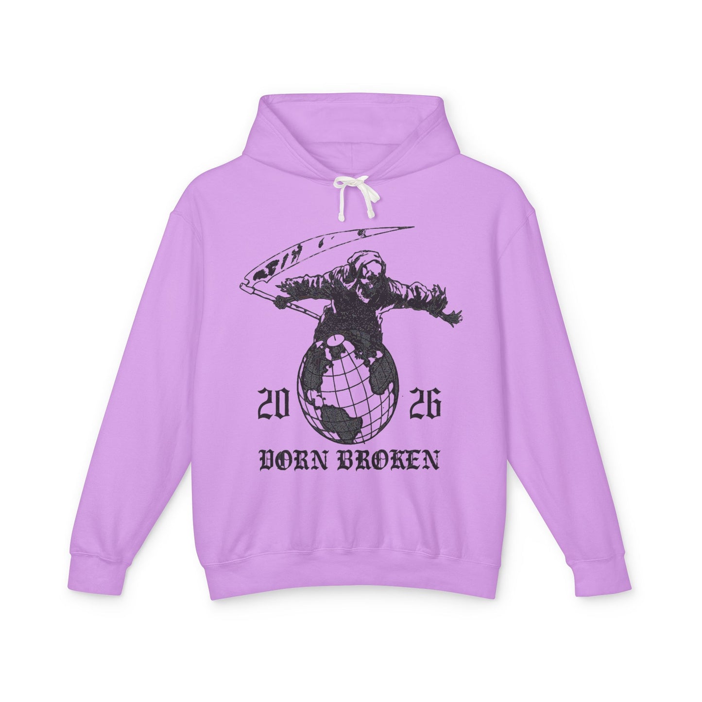 2026 Born Broken Globe Hoodie — Vintage Grim Reaper World Graphic