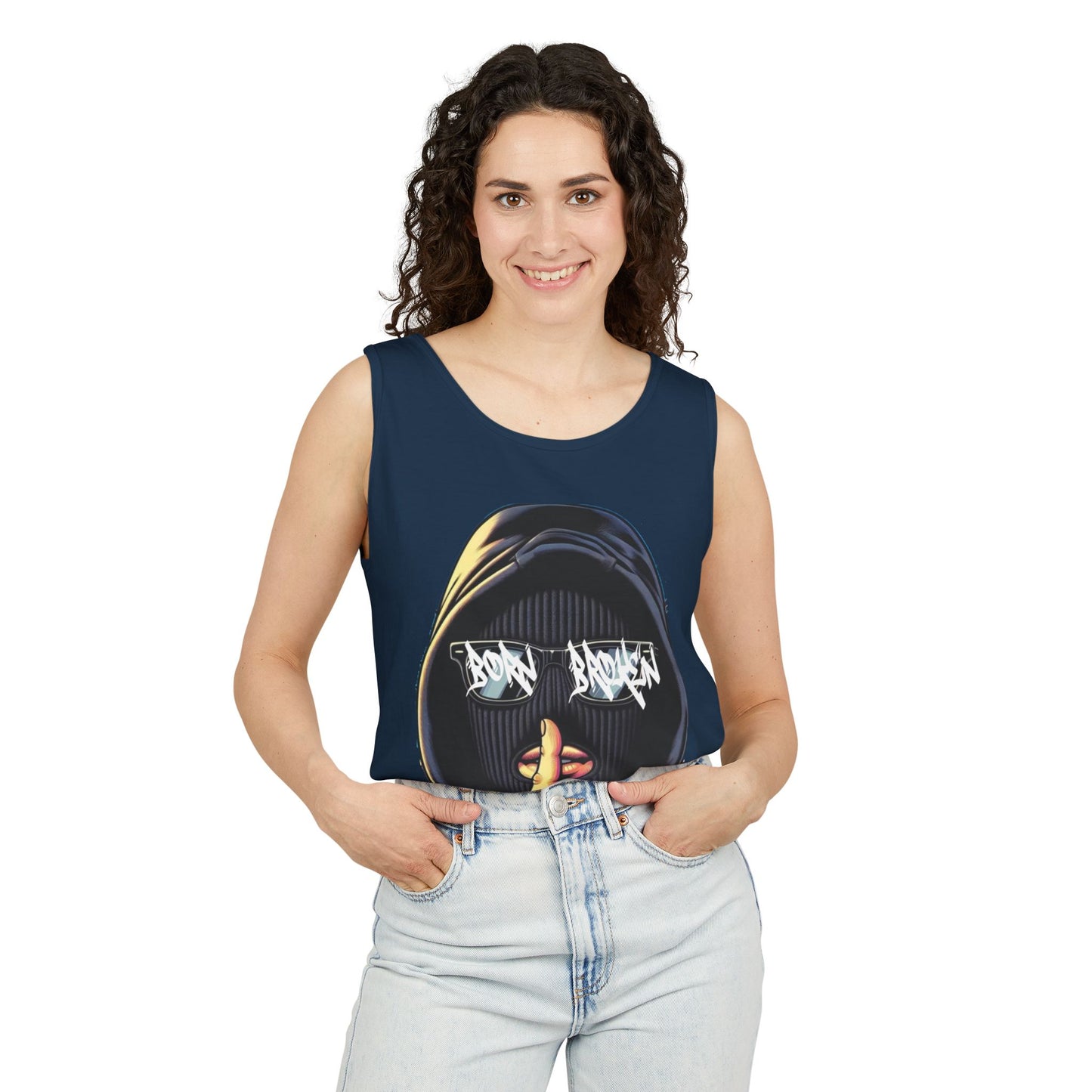 Tank Top — 'Born Broken' Hooded Mask Graphic Sleeveless Tee
