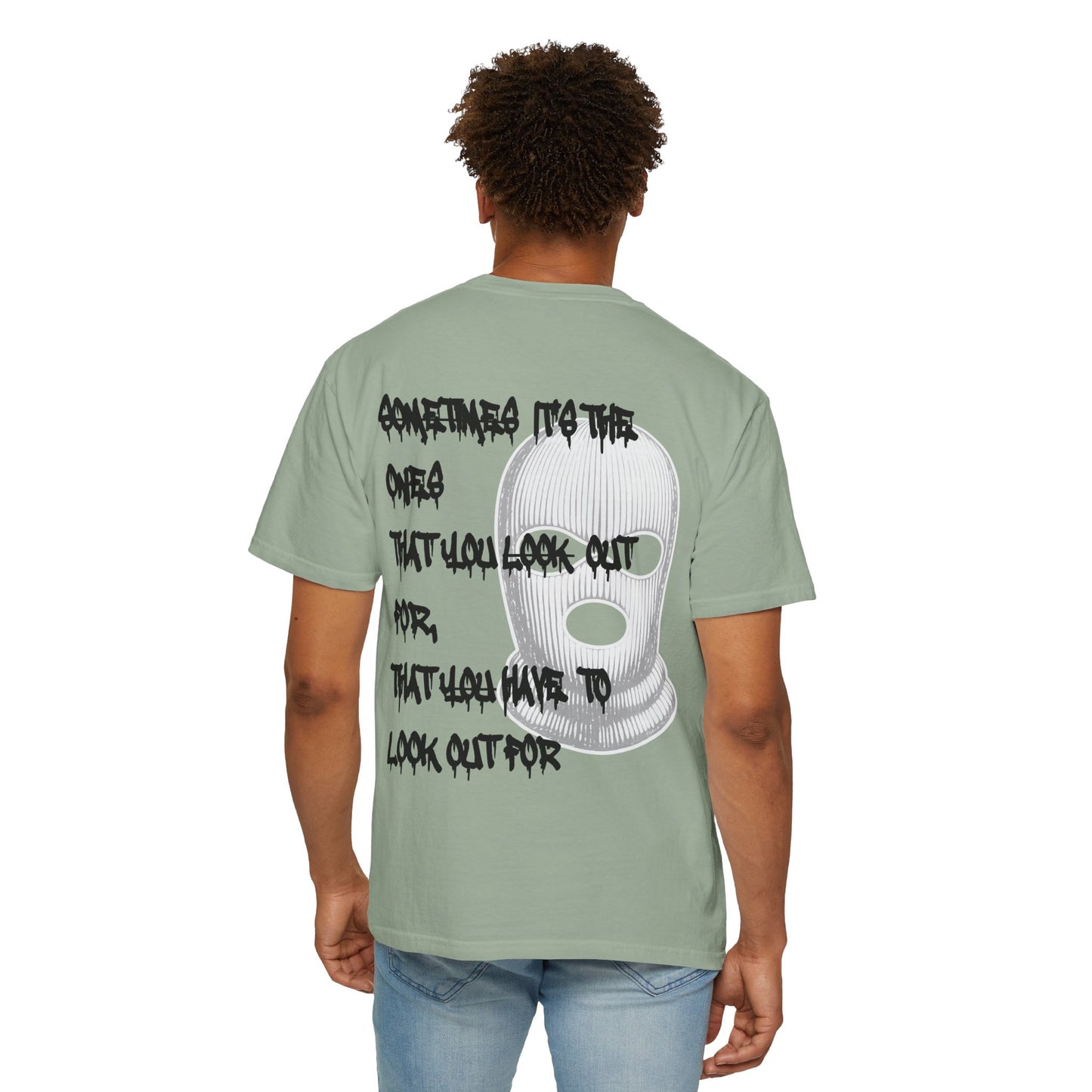 T-Shirt — 'Born Broken' Graphic Tee with Balaclava Back Quote