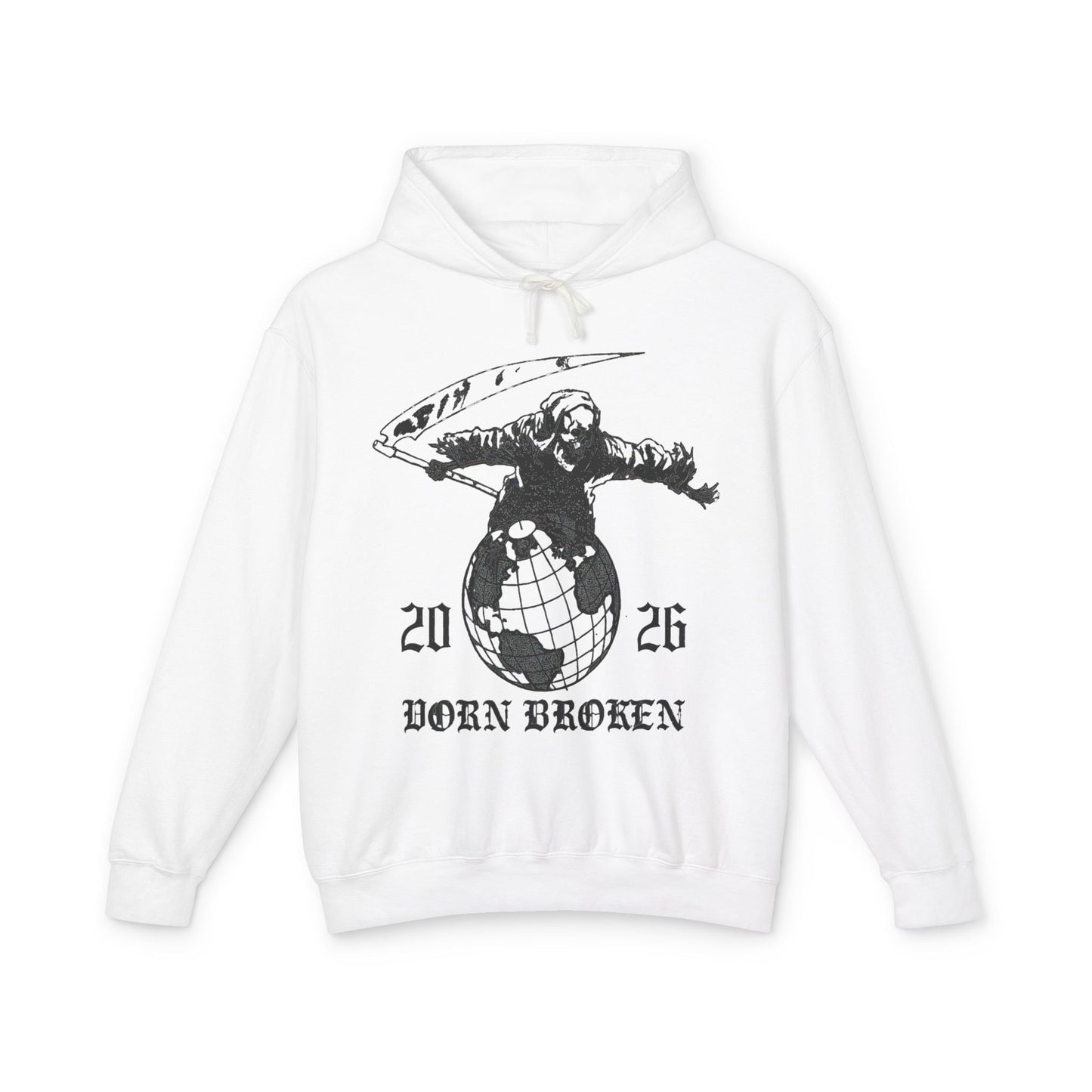 2026 Born Broken Globe Hoodie — Vintage Grim Reaper World Graphic