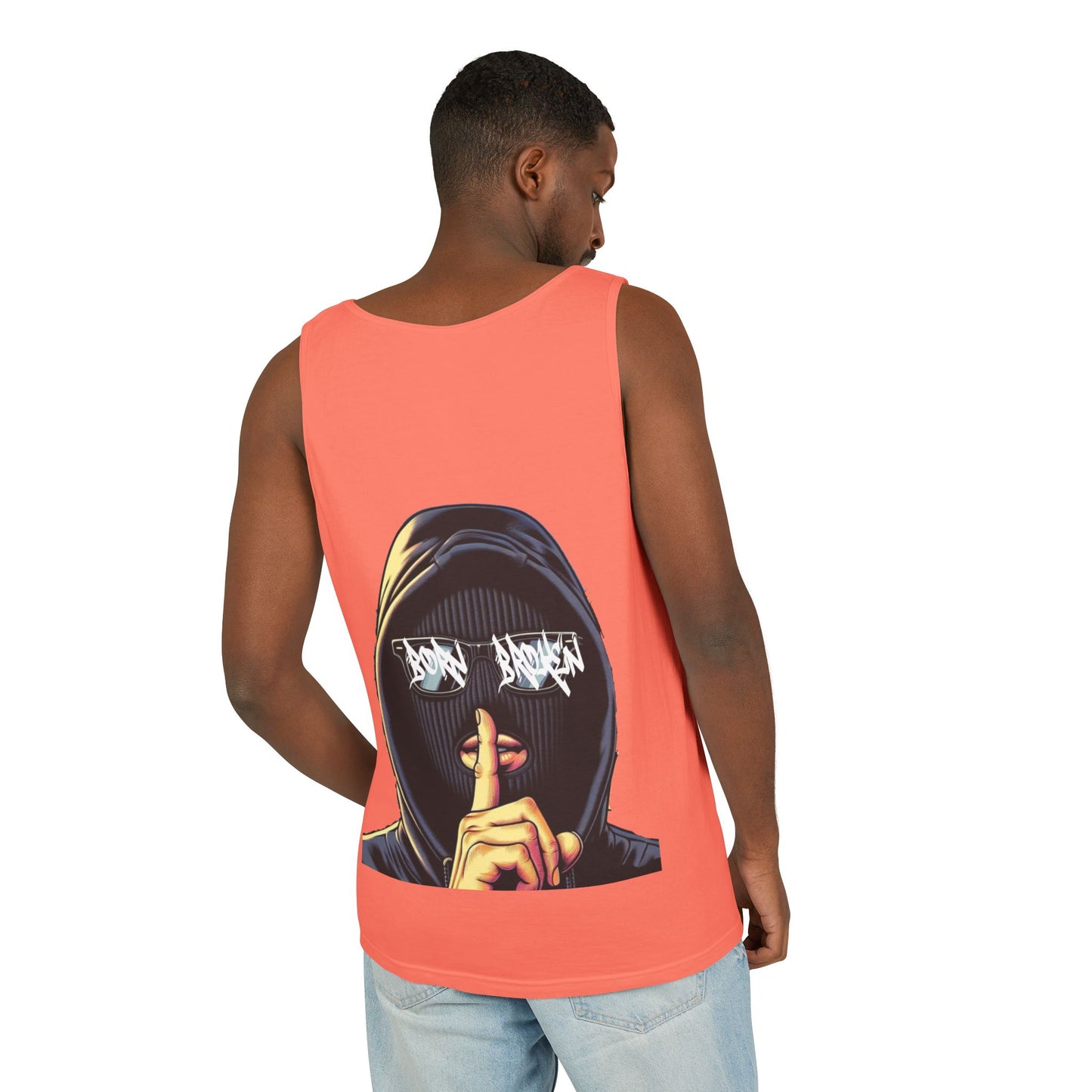 Tank Top — 'Born Broken' Hooded Mask Graphic Sleeveless Tee