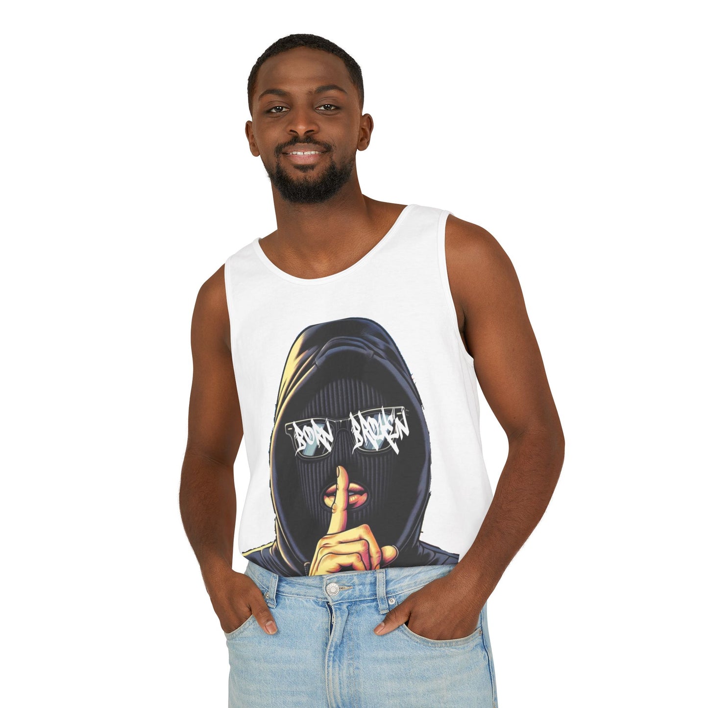 Tank Top — 'Born Broken' Hooded Mask Graphic Sleeveless Tee