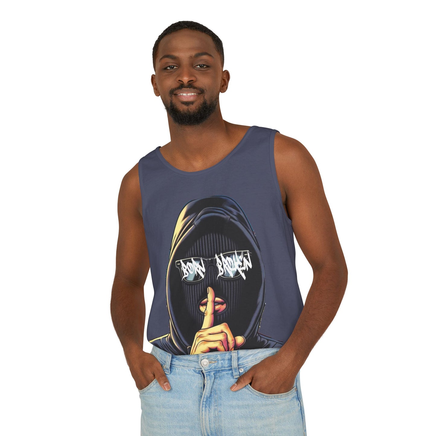 Tank Top — 'Born Broken' Hooded Mask Graphic Sleeveless Tee