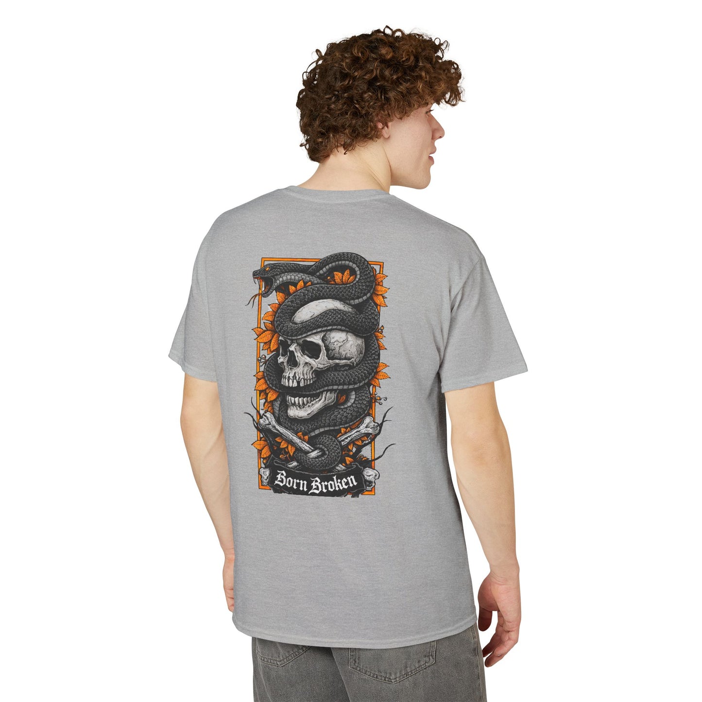 Skull & Serpent T‑Shirt — 'Born Broken' Gothic Graphic Tee