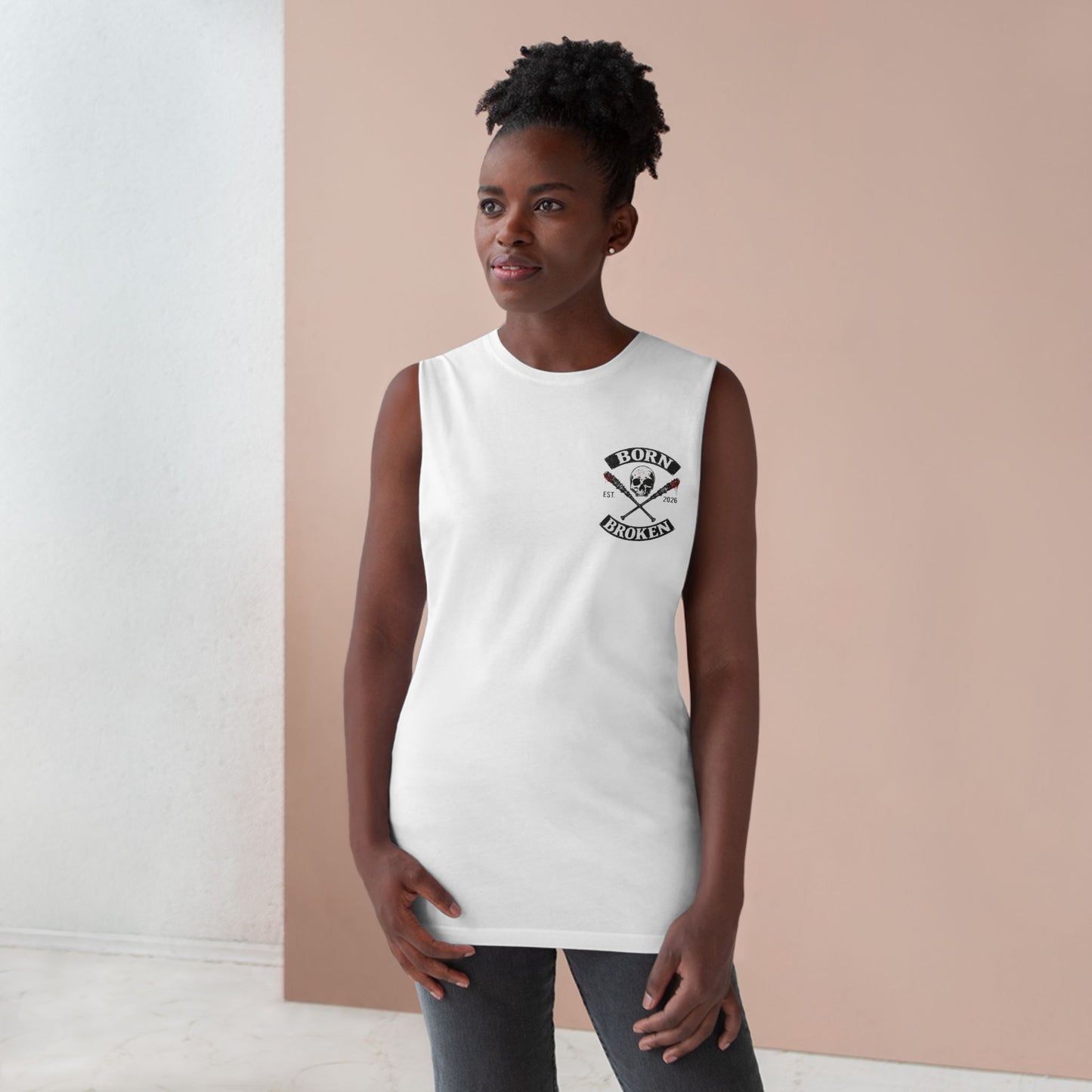 Born Broken Skull Tank Top — Edgy Skull & Crossed Bats Graphic Muscle Tank