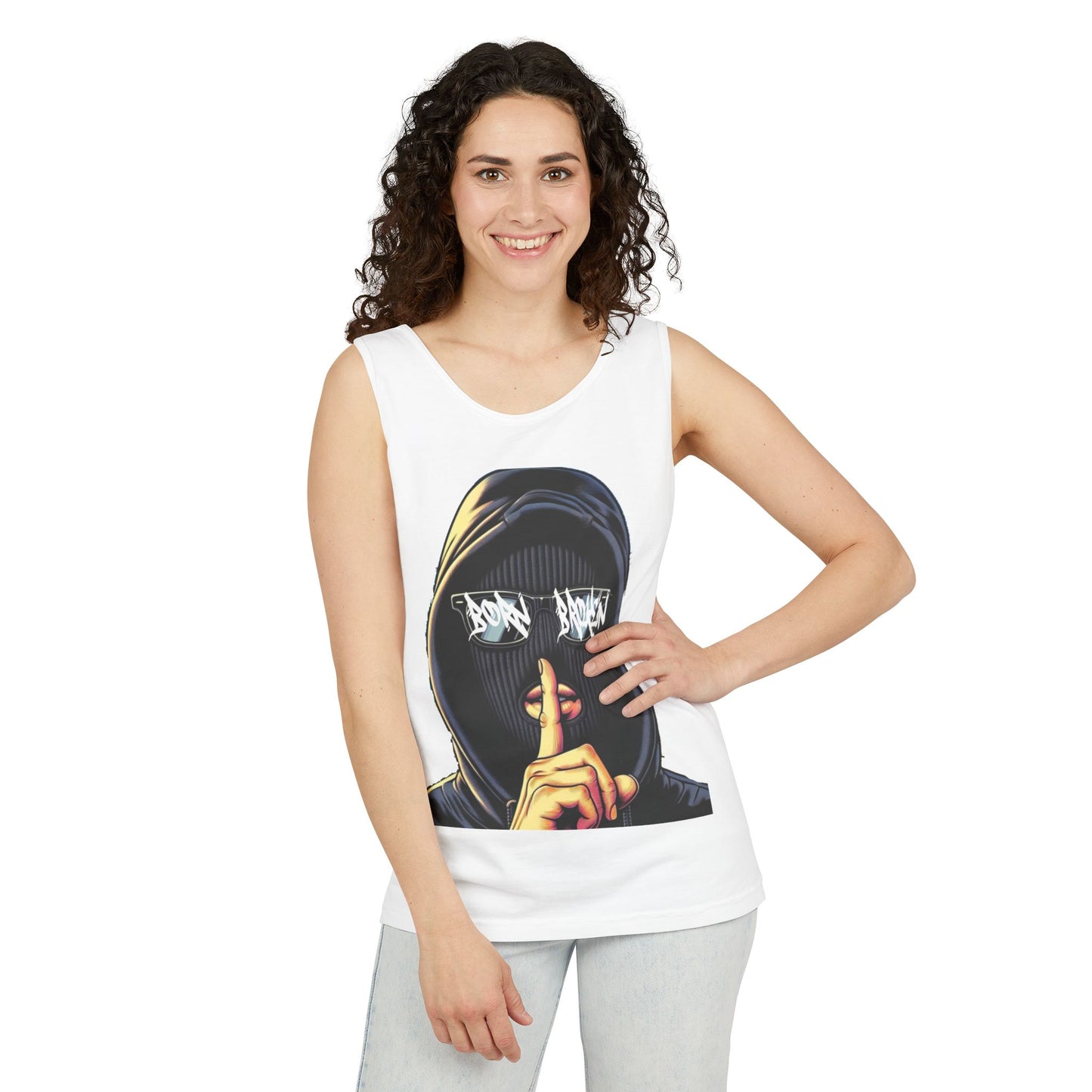 Tank Top — 'Born Broken' Hooded Mask Graphic Sleeveless Tee