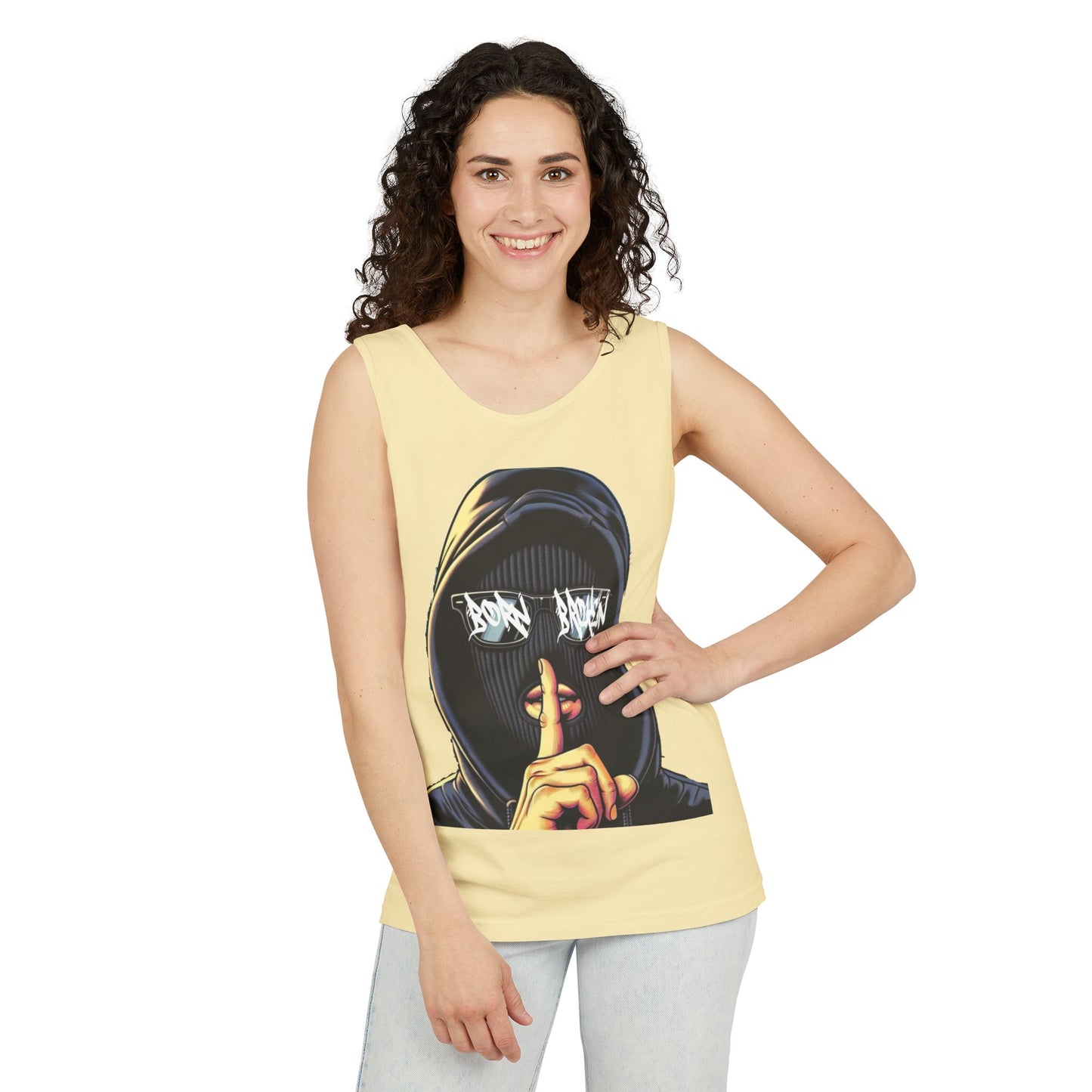Tank Top — 'Born Broken' Hooded Mask Graphic Sleeveless Tee