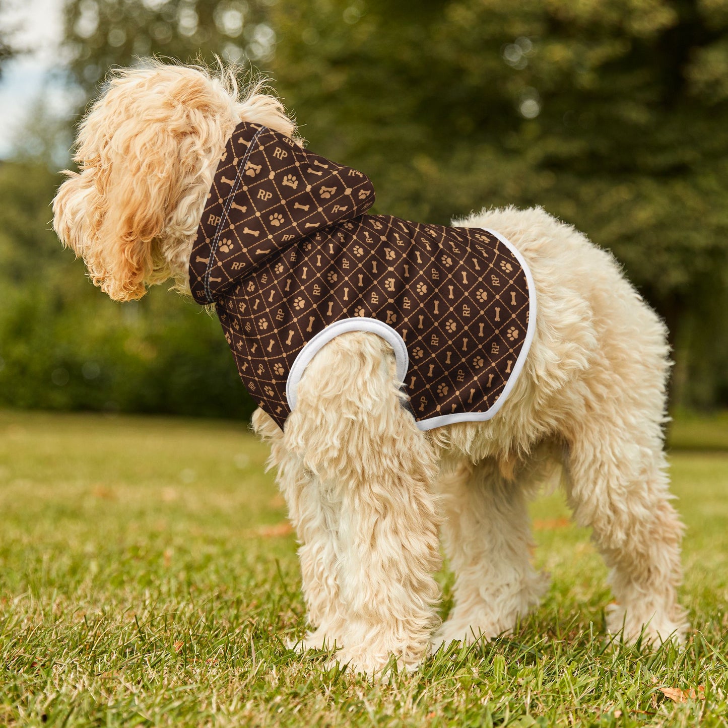 Designer Brown Monogram Pet Hoodie - Luxury Pattern Dog & Cat Coat