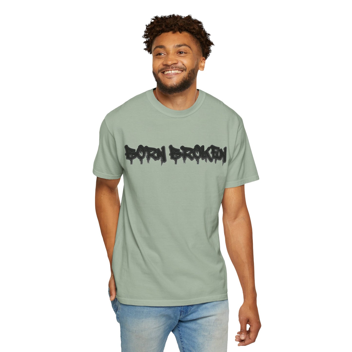T-Shirt — 'Born Broken' Graphic Tee with Balaclava Back Quote