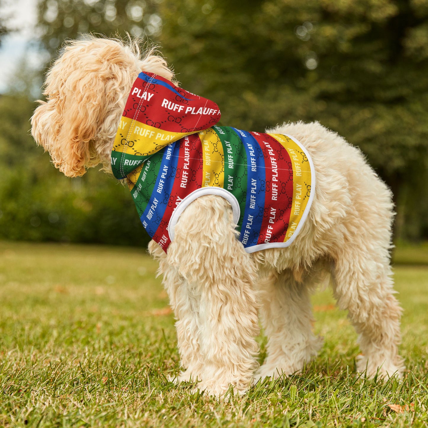 Ruff Play Rainbow Pet Hoodie – Striped Hooded Dog Sweatshirt