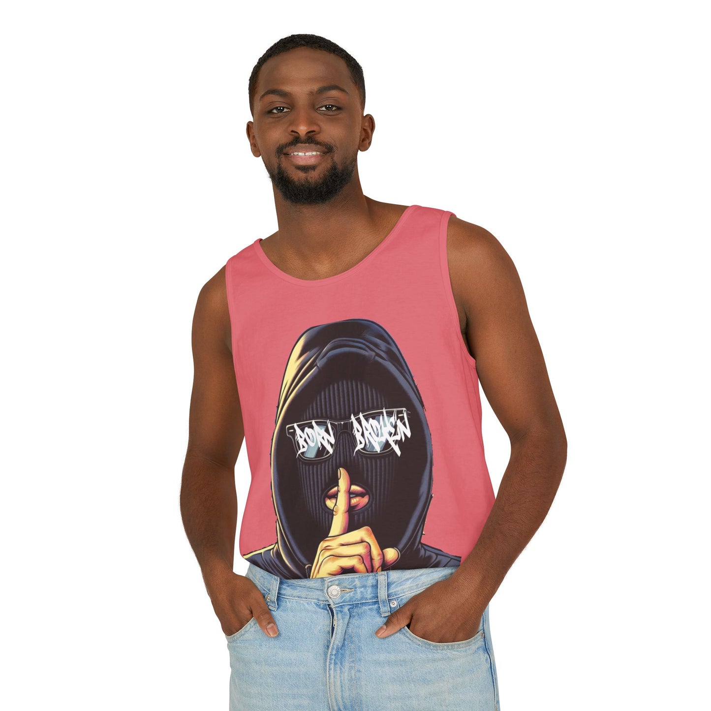 Tank Top — 'Born Broken' Hooded Mask Graphic Sleeveless Tee