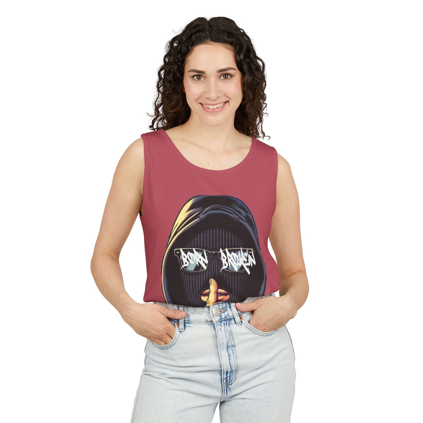 Tank Top — 'Born Broken' Hooded Mask Graphic Sleeveless Tee