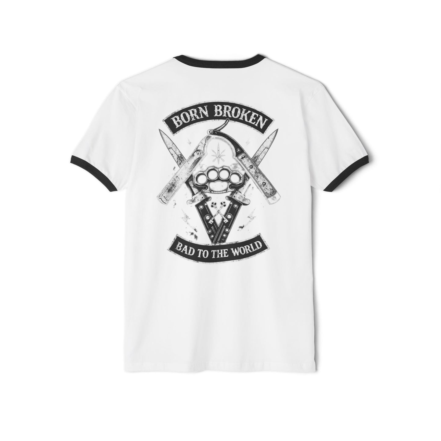 Ringer T-Shirt — "Born Broken, Bad to the World" Skull & Knuckle Knife Graphic