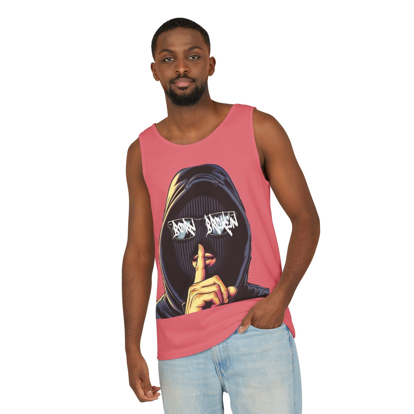 Tank Top — 'Born Broken' Hooded Mask Graphic Sleeveless Tee