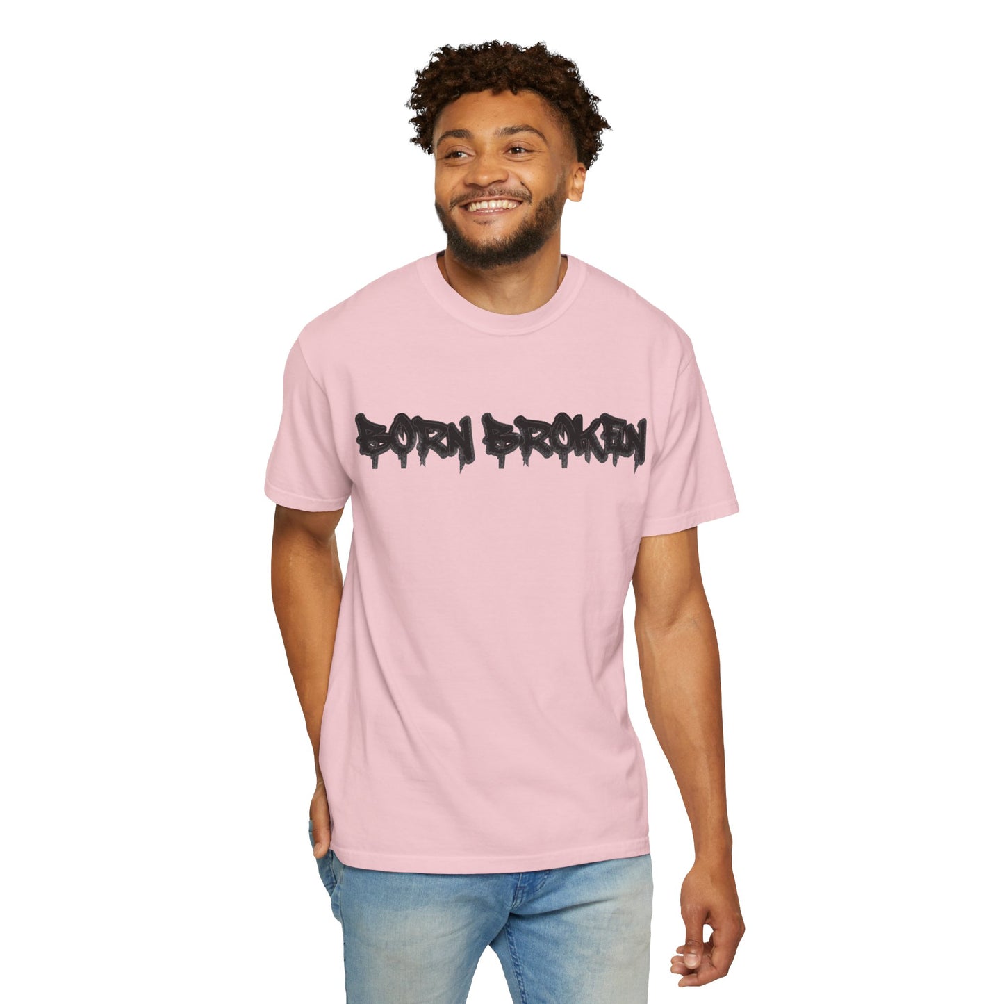T-Shirt — 'Born Broken' Graphic Tee with Balaclava Back Quote
