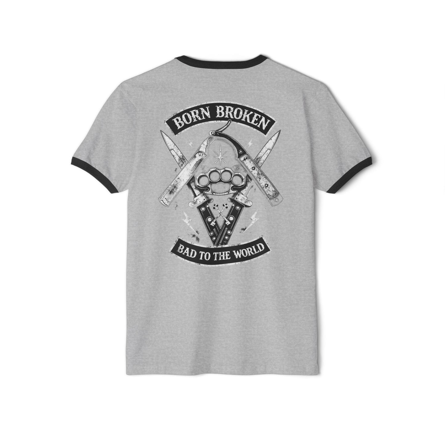 Ringer T-Shirt — "Born Broken, Bad to the World" Skull & Knuckle Knife Graphic