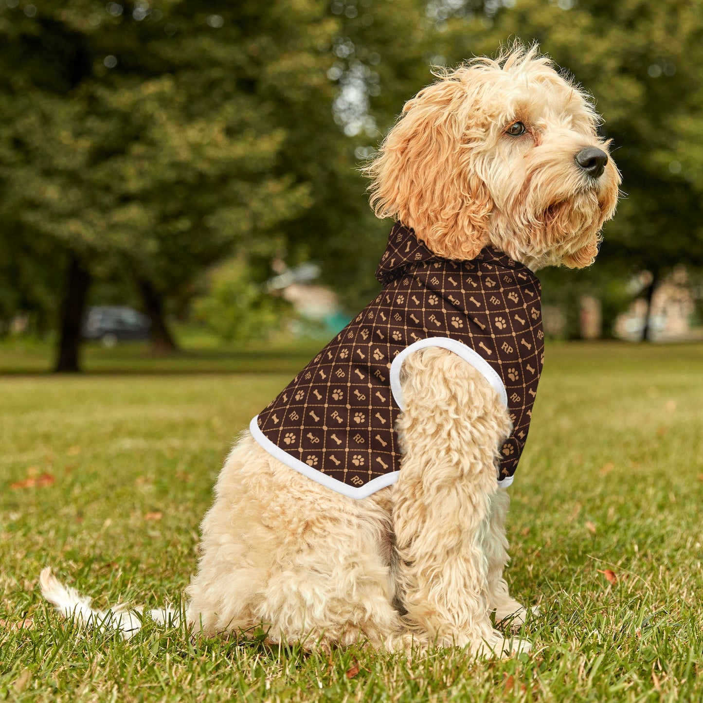 Designer Brown Monogram Pet Hoodie - Luxury Pattern Dog & Cat Coat