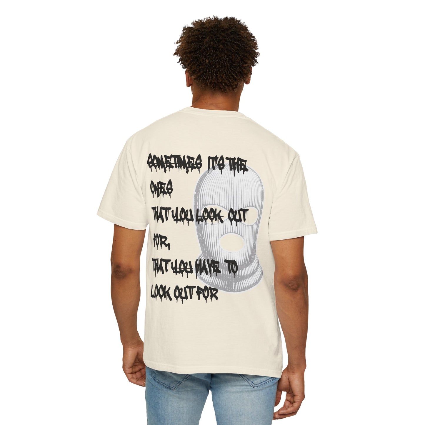 T-Shirt — 'Born Broken' Graphic Tee with Balaclava Back Quote
