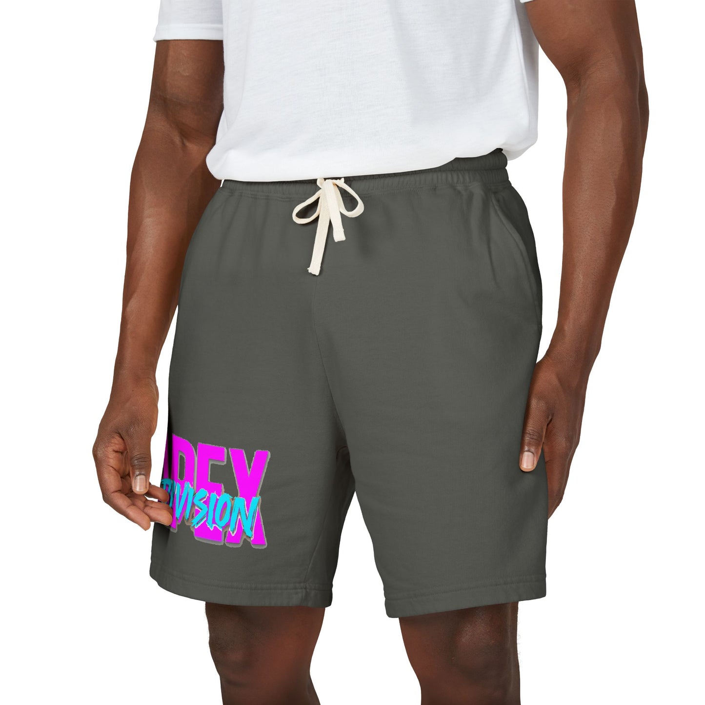 Apex Division Graphic Sweat Shorts — Retro Neon Logo Fleece Shorts