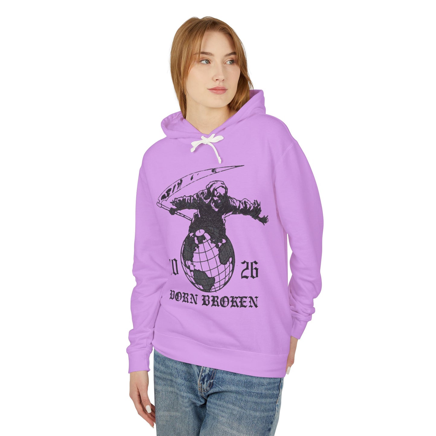 2026 Born Broken Globe Hoodie — Vintage Grim Reaper World Graphic