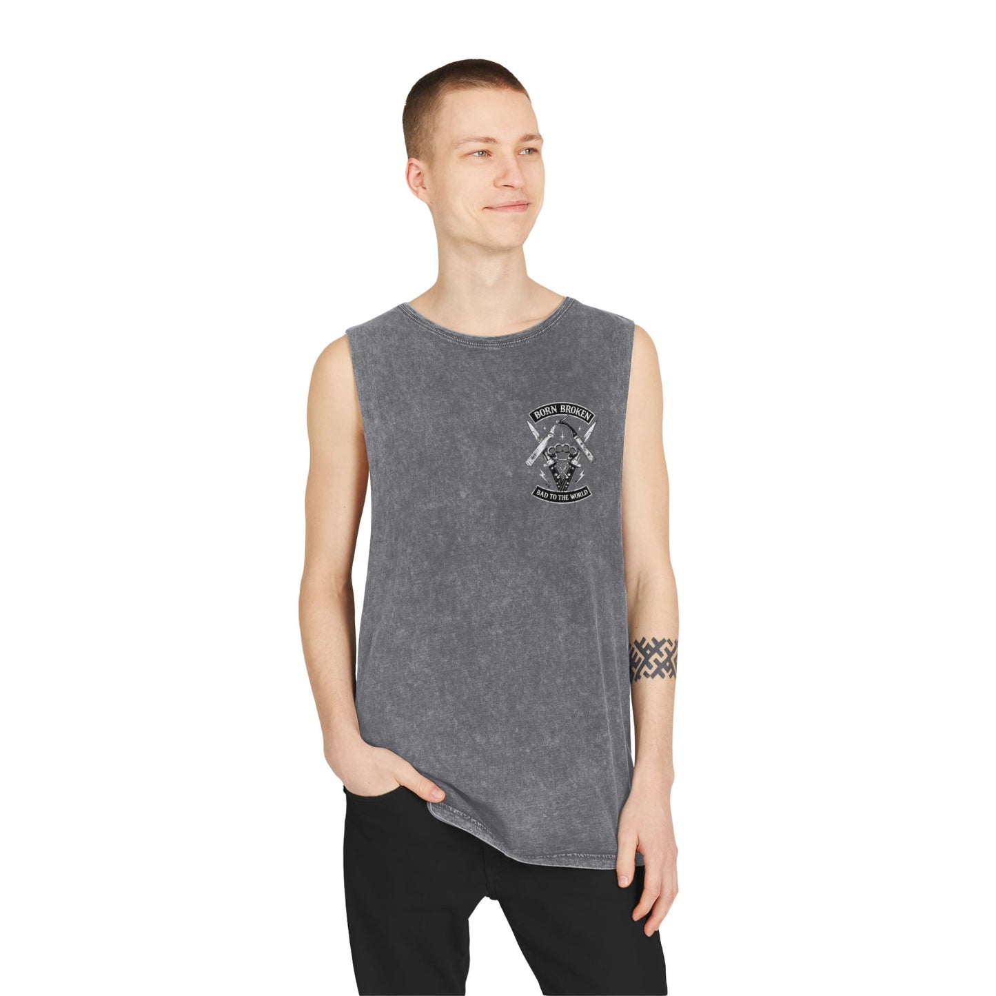 Born Broken Stonewash Tank Top — Bad to the World Graphic Muscle Tee