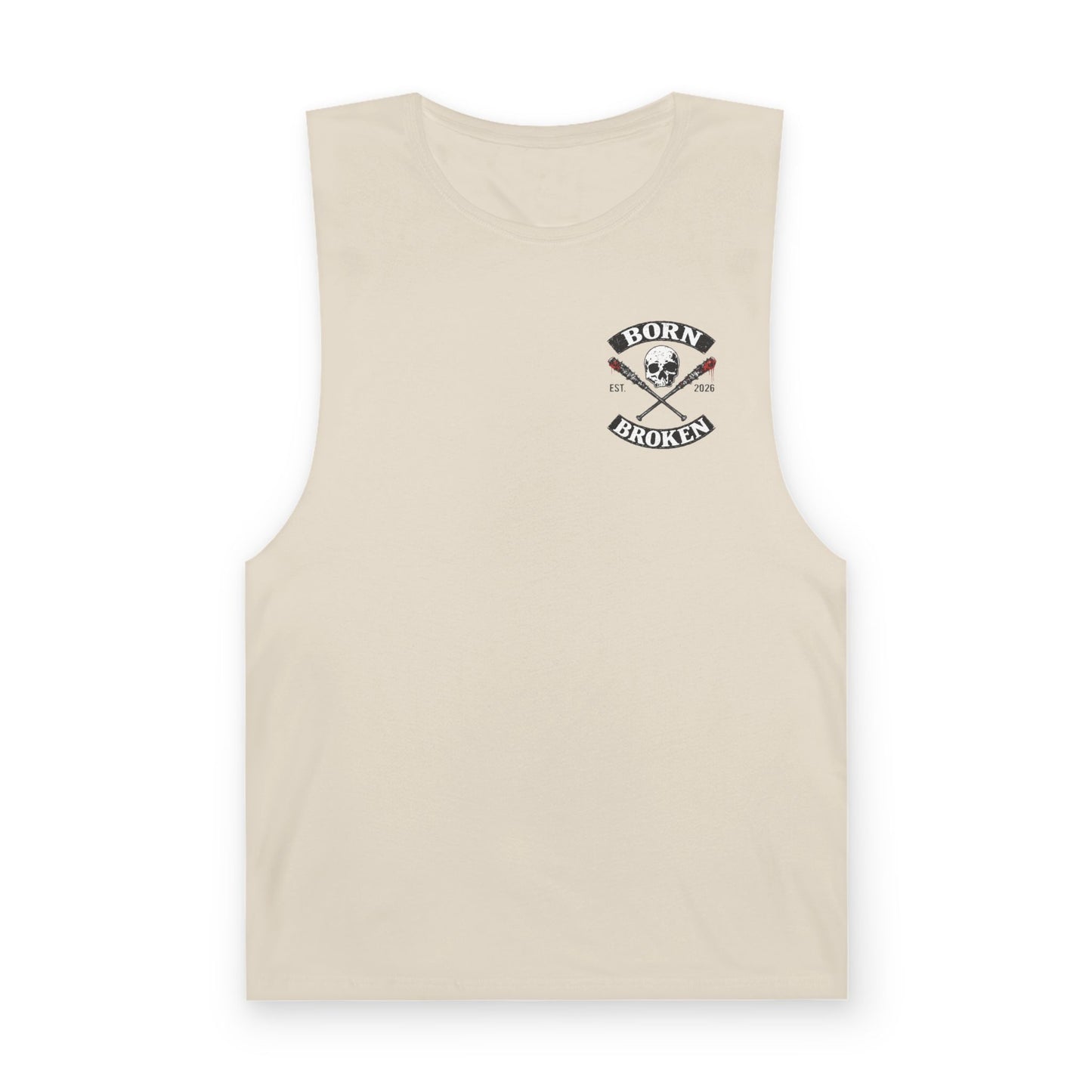 Born Broken Skull Tank Top — Edgy Skull & Crossed Bats Graphic Muscle Tank