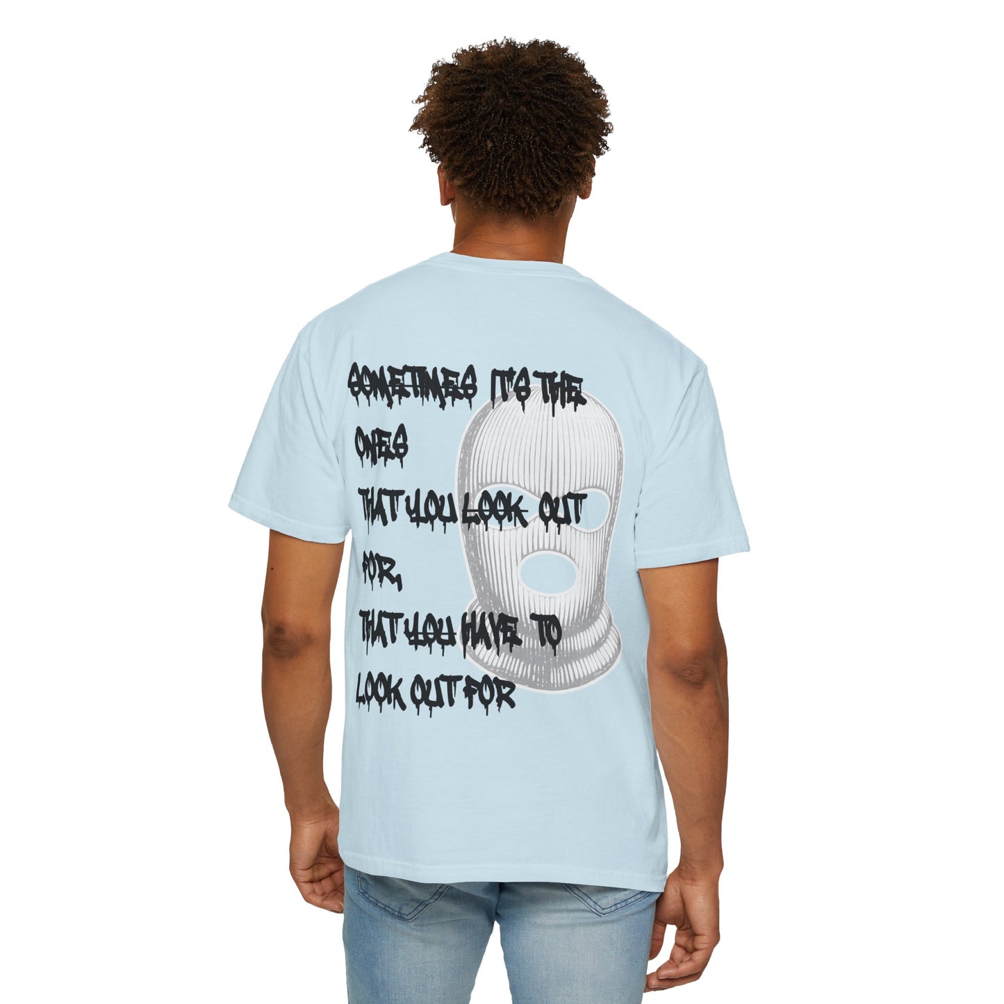 T-Shirt — 'Born Broken' Graphic Tee with Balaclava Back Quote
