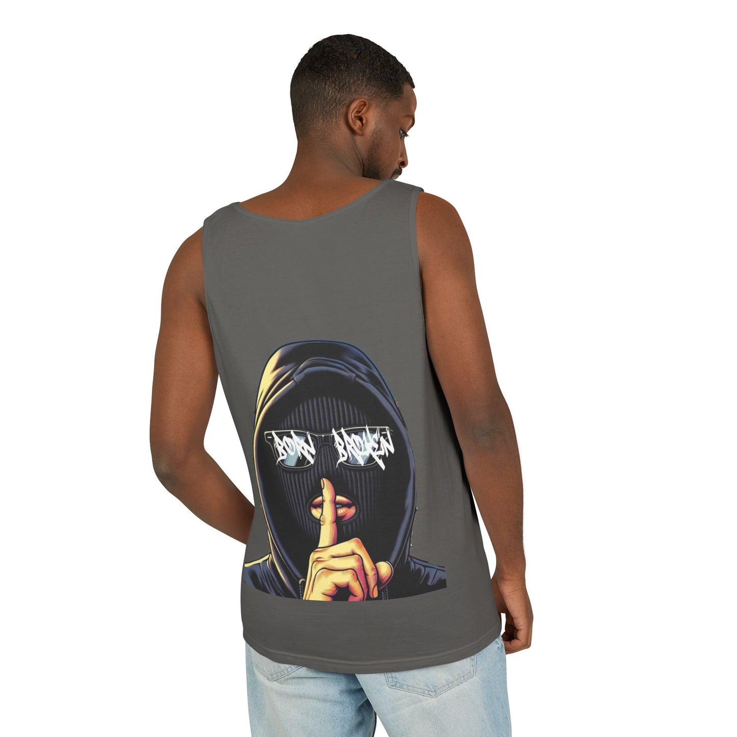 Tank Top — 'Born Broken' Hooded Mask Graphic Sleeveless Tee