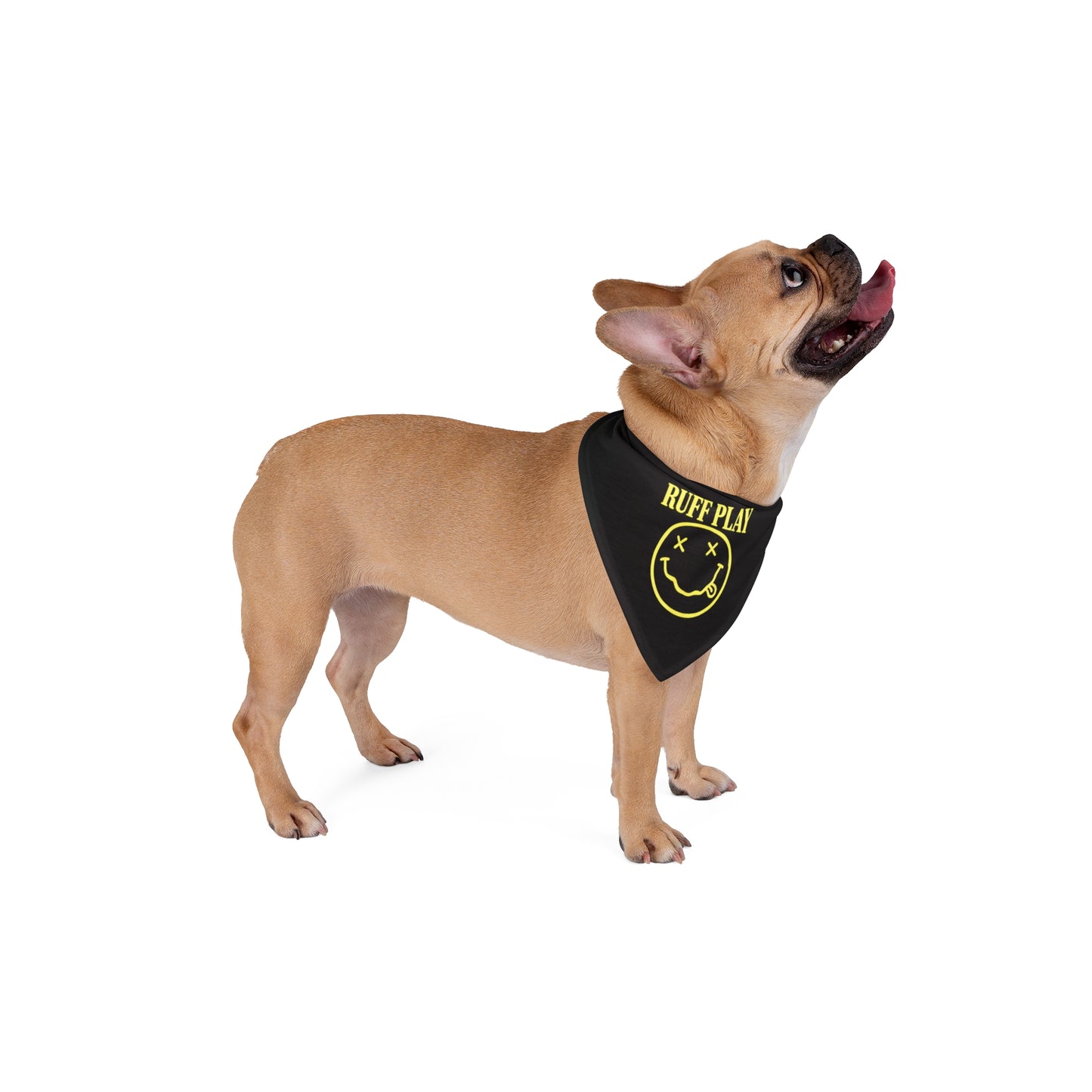 Ruff Play Pet Bandana — Black Dog Bandana with Yellow Smiley Logo