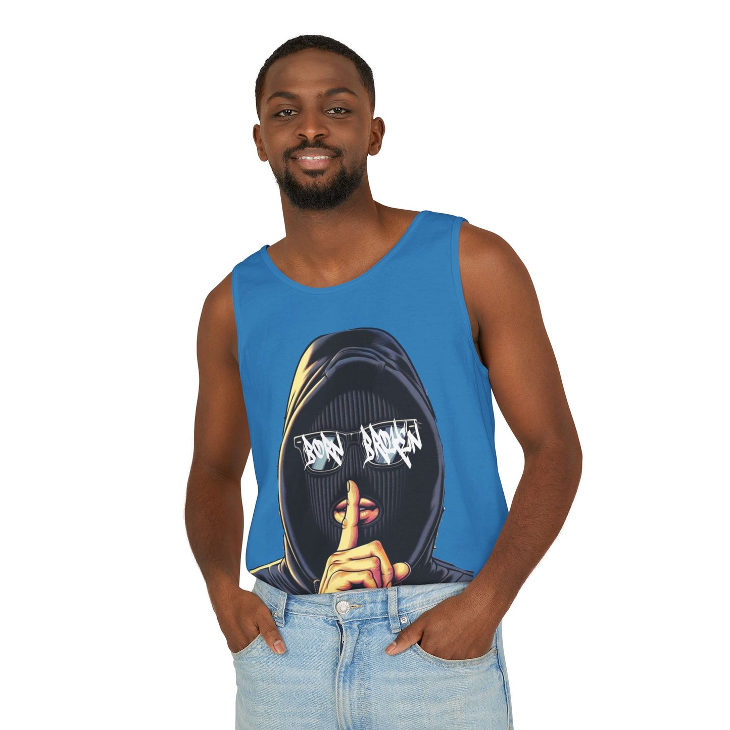 Tank Top — 'Born Broken' Hooded Mask Graphic Sleeveless Tee