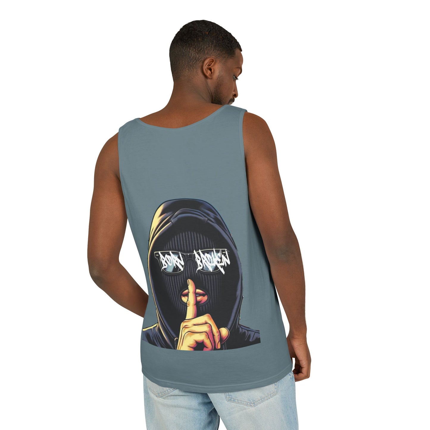 Tank Top — 'Born Broken' Hooded Mask Graphic Sleeveless Tee