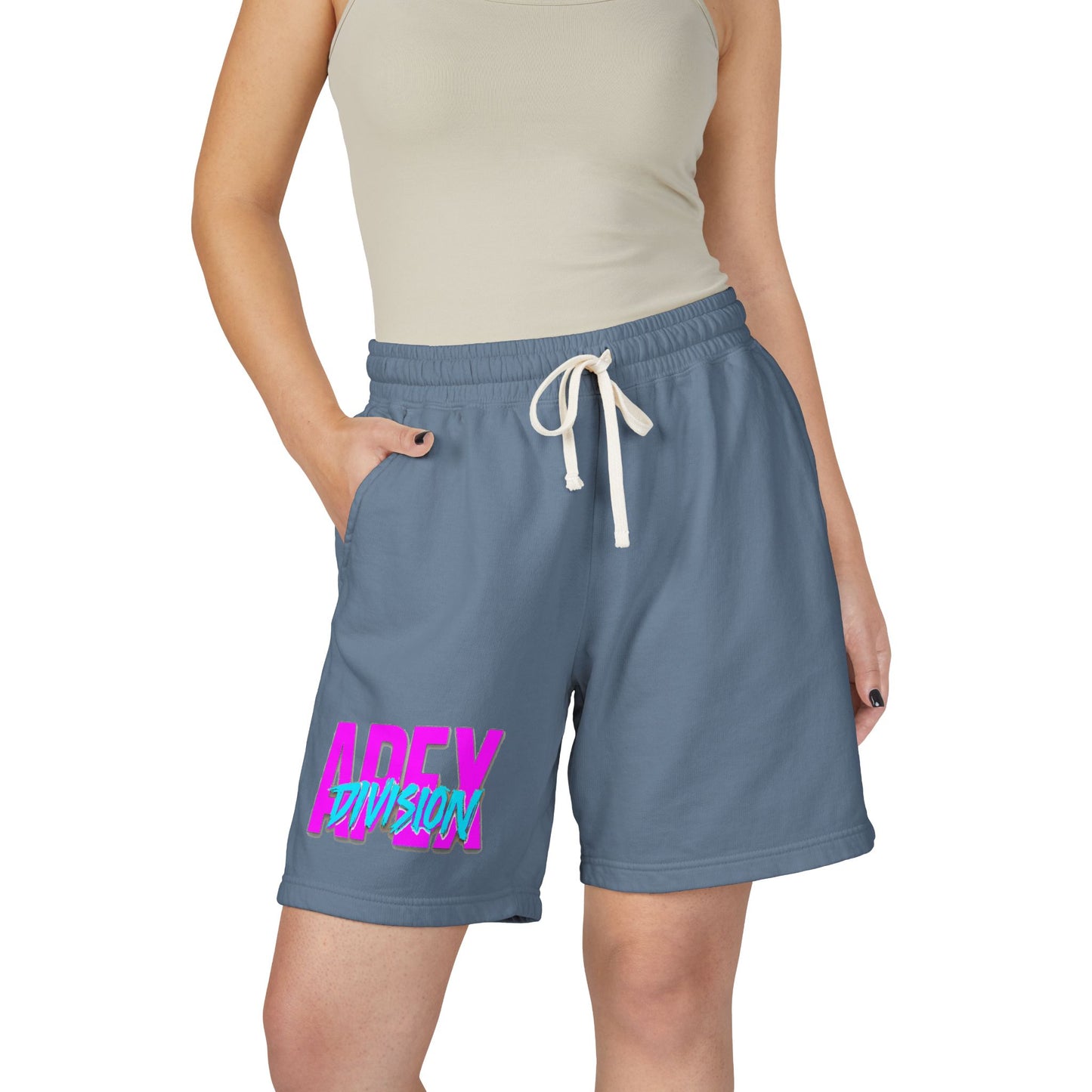 Apex Division Graphic Sweat Shorts — Retro Neon Logo Fleece Shorts