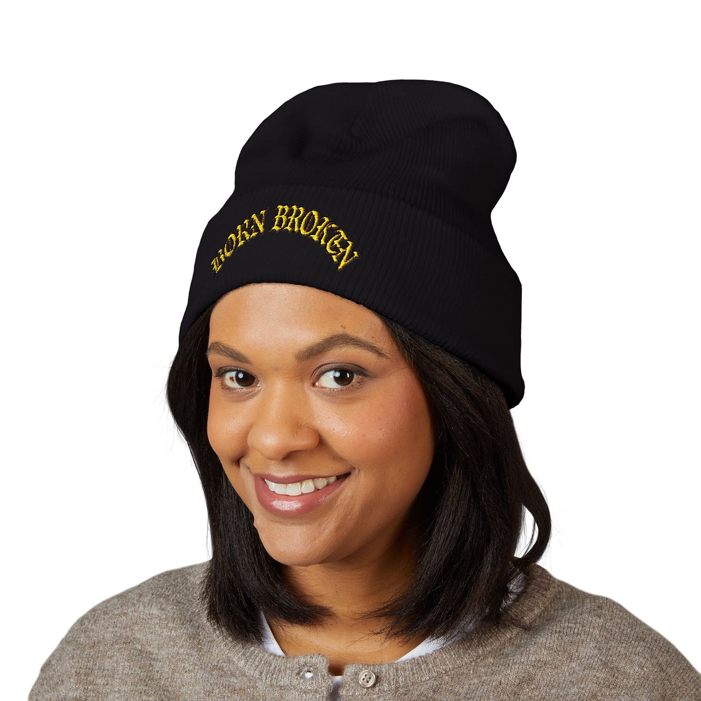 Embroidered "Rocky Biotchy" Classic Cuffed Beanie – Warm Yellow Knit Hat